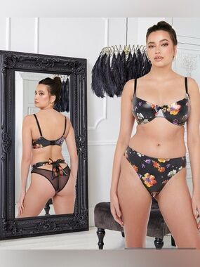 Savage X Night Blooms Wet Look Balconette Bra High Leg Tie-Back Bikini Set NWT